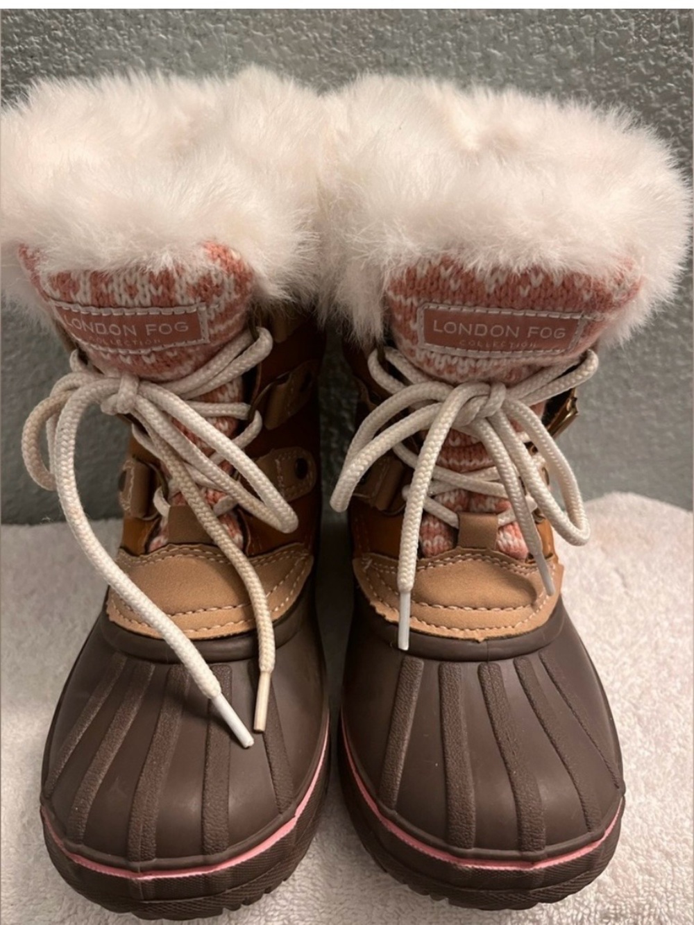 London fog toddler Brown Winter Duck Boots with Pink Knit Cuff and Faux-Fur Trim - Picture 6 of 12